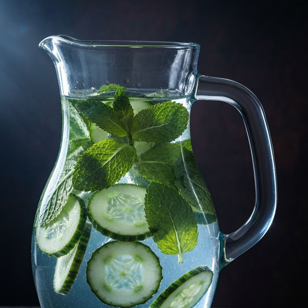 Glass pitcher with cucumber and mint water