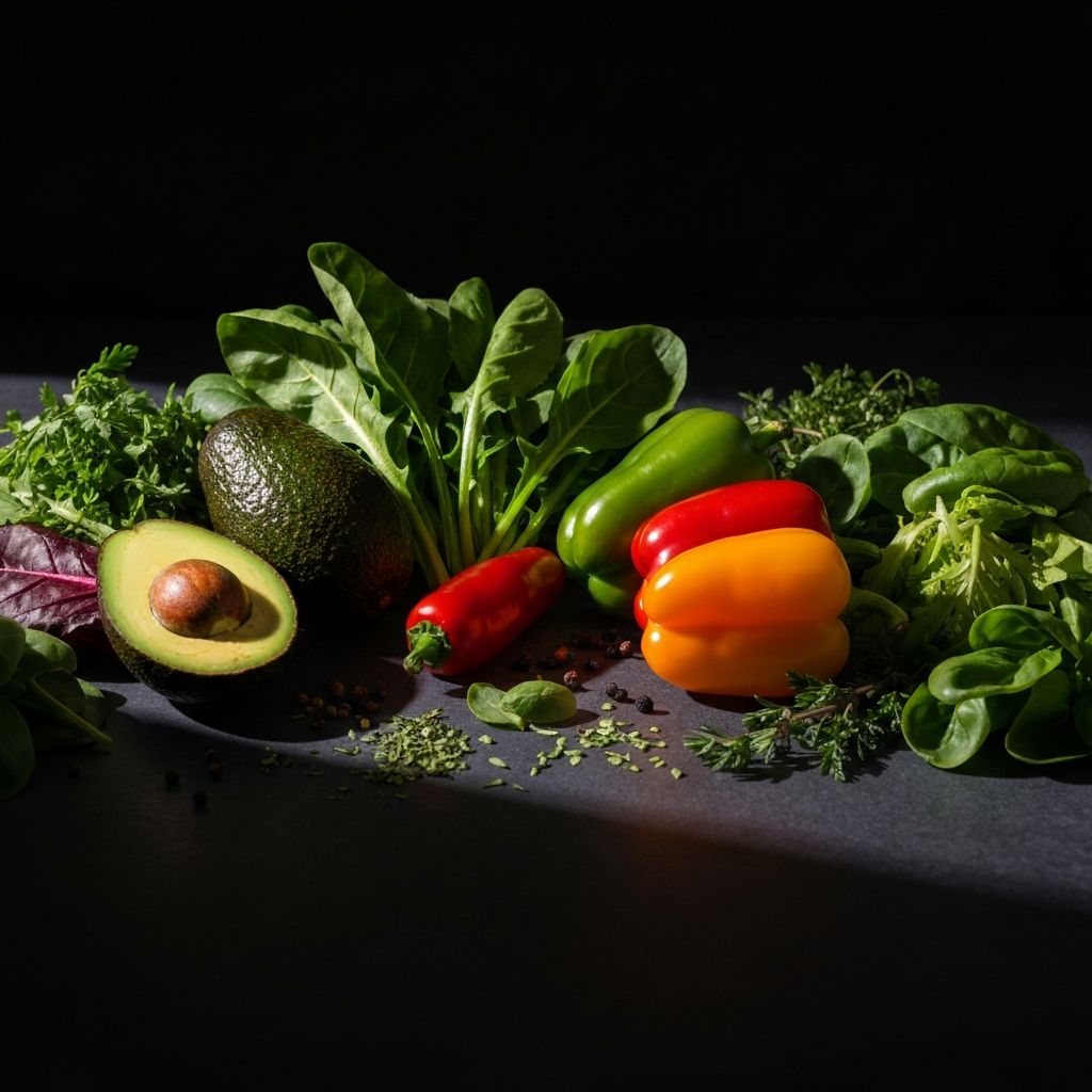 Diverse plant-based foods on a stone surface